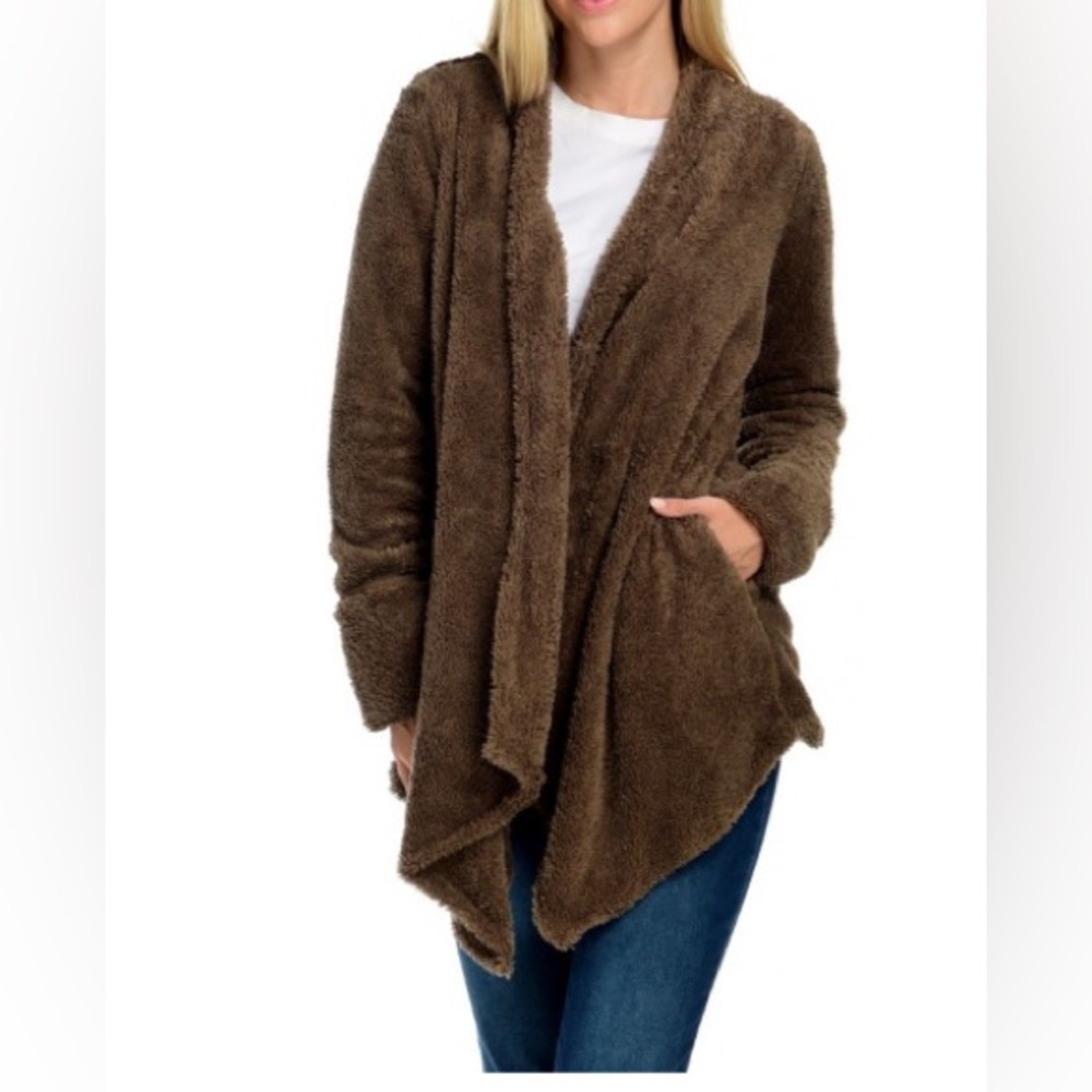 OSO Casuals - NEW - Soft Teddy Knit Open Front Cascade Cardigan. Taupe. Medium.
